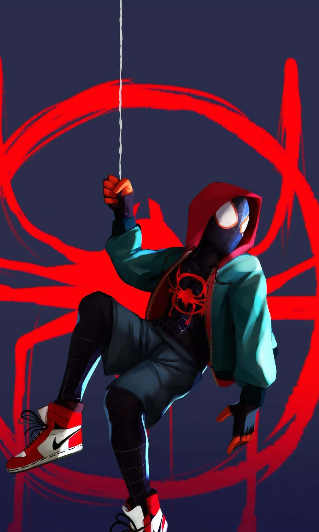 Hanging Spider Man Miles Morales Iphone Digital Illustration Wallpaper