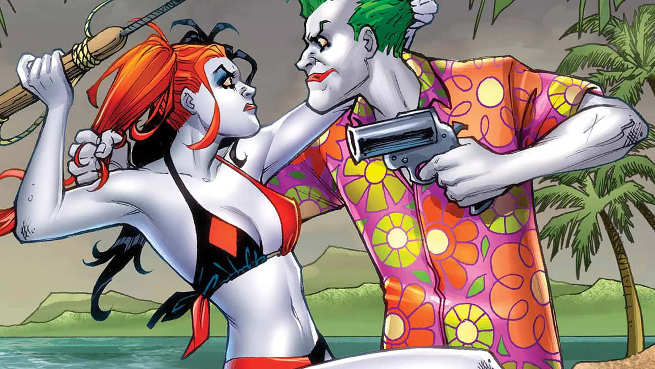 Harley Quinn Joker Beach Vacation Cartoon Wallpaper