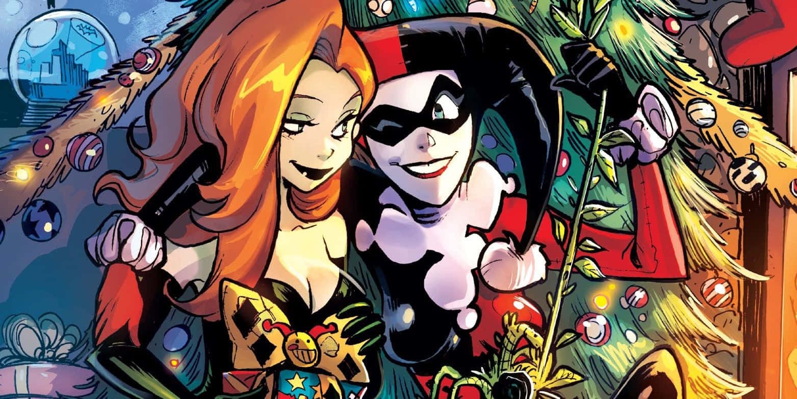 Harley Quinn Poison Ivy Holiday Celebration Wallpaper