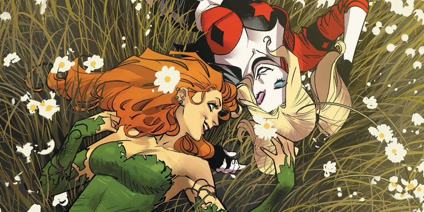 Harley Quinn Poison Ivy Meadow Embrace Wallpaper