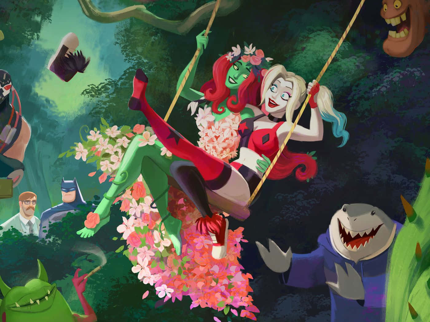 Harley Quinn Poison Ivy Swinging Adventure Wallpaper