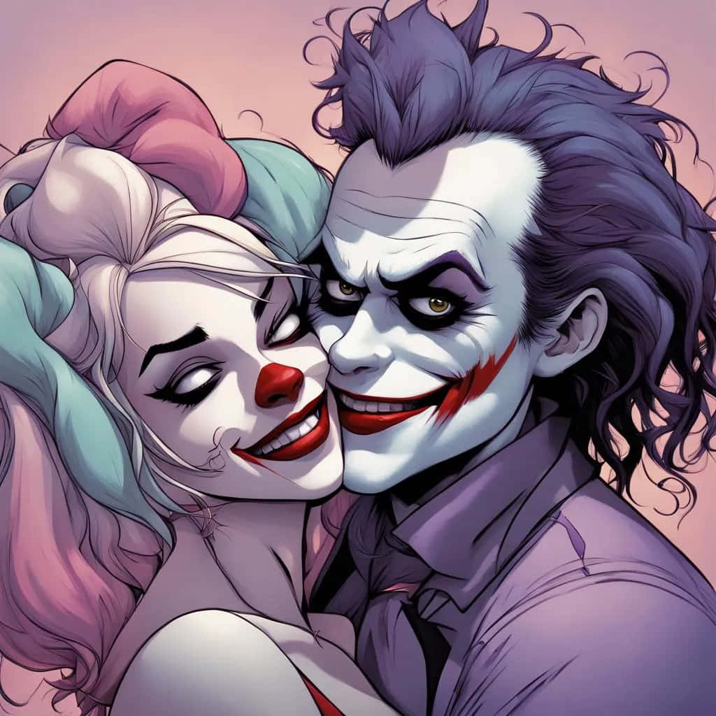 Harley Quinnand Joker Cartoon Embrace Wallpaper