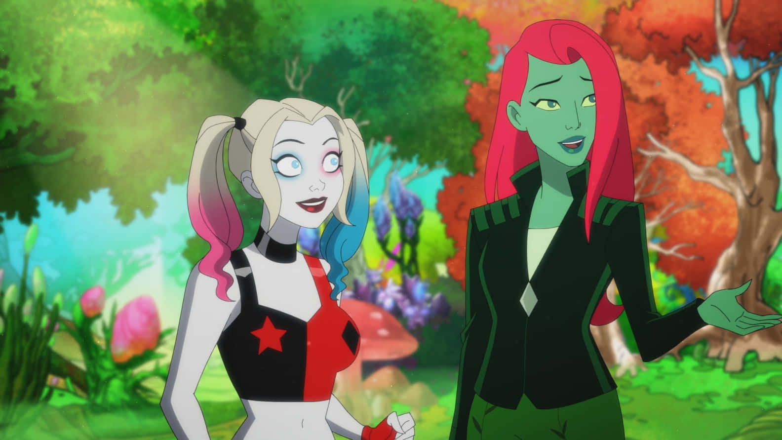 Harley Quinnand Poison Ivy Friendsin Garden Wallpaper