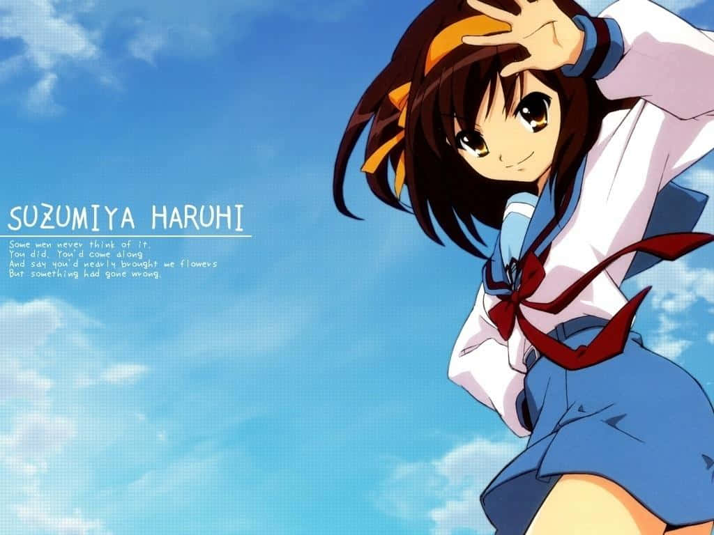 Haruhi Suzumiya Confidently Posing In Her School Uniform Against A Vivid, Colorful Backdrop Wallpaper