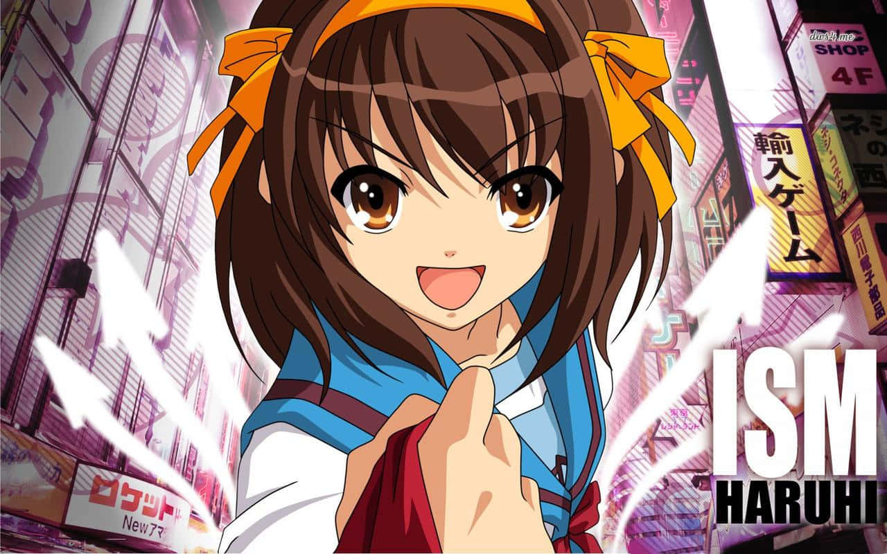 Haruhi Suzumiya - Dynamic Character Pose Against Galaxy Background Wallpaper