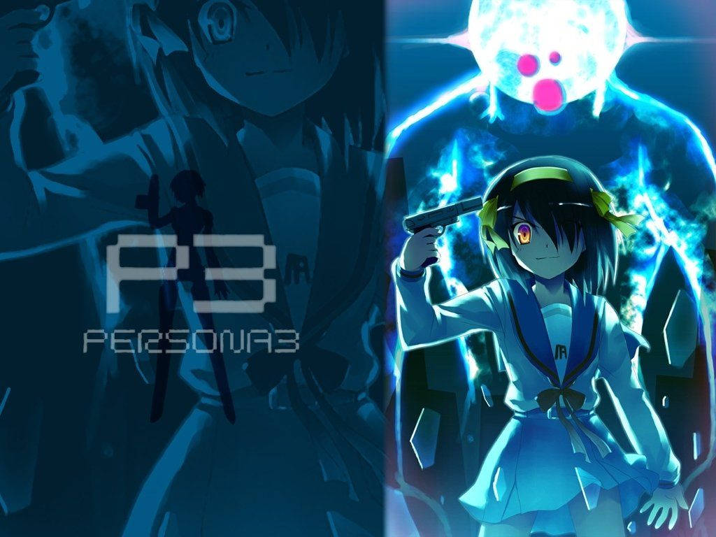 Haruhi Suzumiya Wielding The Evoker In Persona 3 Wallpaper