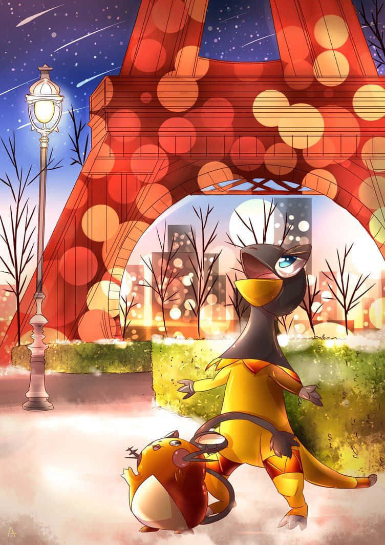 Heliolisk And Dedenne With Eiffel Tower Wallpaper