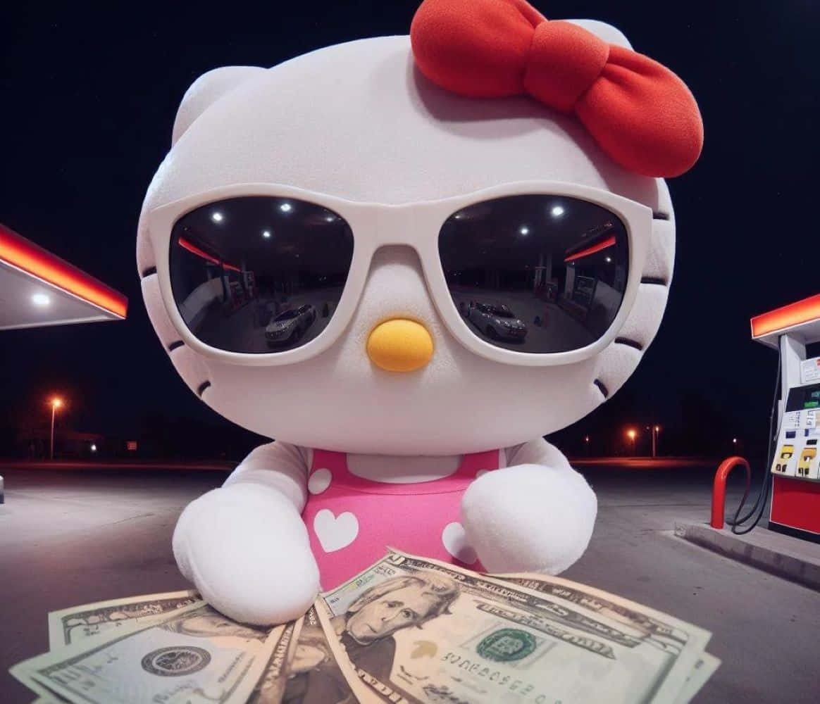 Hello Kitty Baddie With Cashat Gas Station Wallpaper