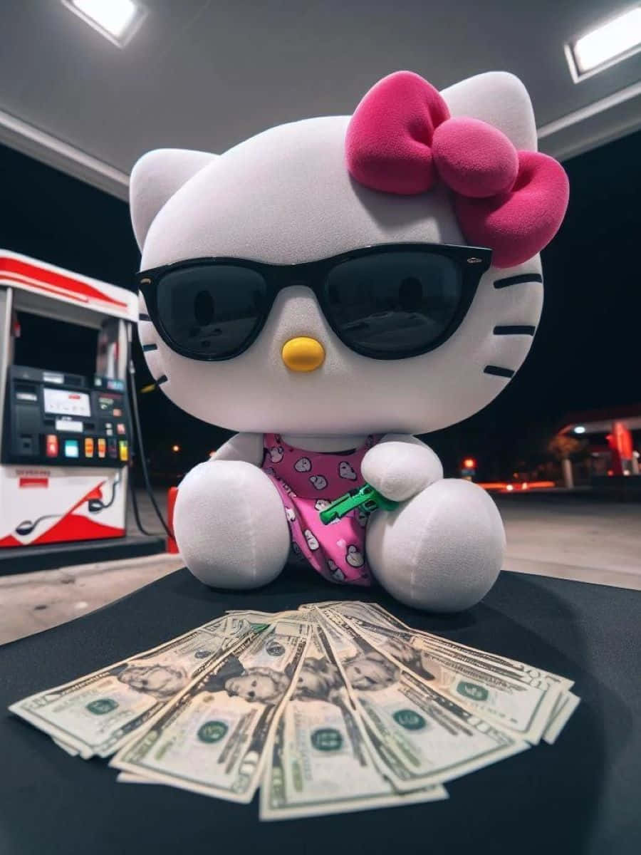 Hello Kitty Baddie With Cashat Gas Station Wallpaper