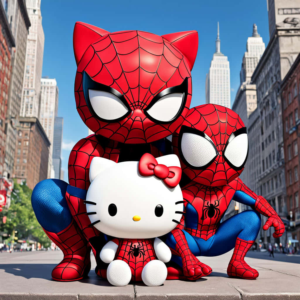 Hello Kitty Spiderman Crossover Cityscape Wallpaper