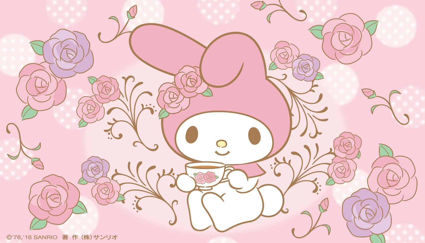 Hello Kitty With Roses And A Cup Wallpaper