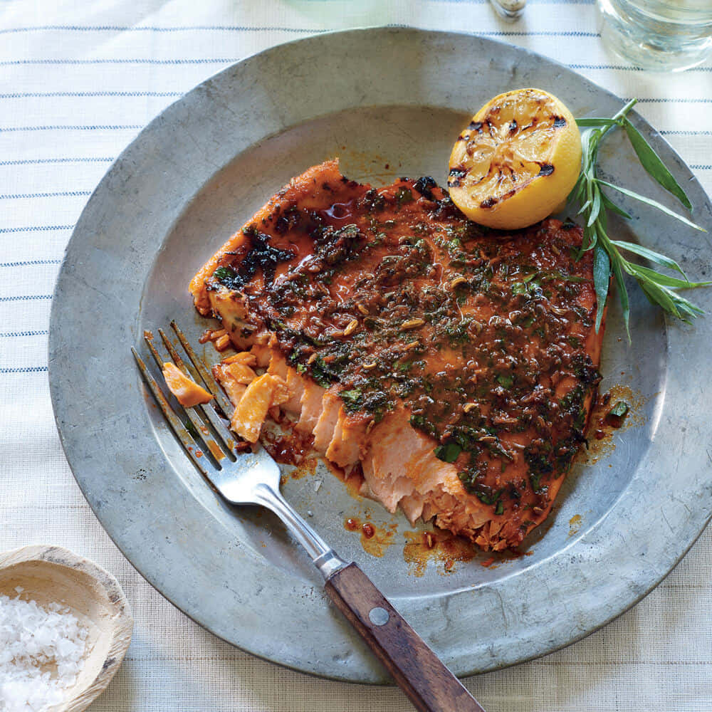 Herb Crusted Pink Salmonwith Lemon Wallpaper