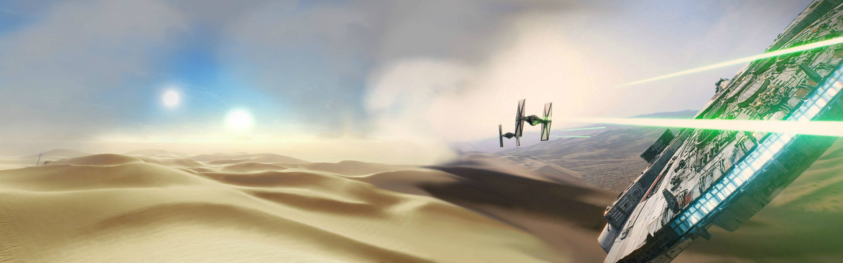 High Resolution Dual Monitor Millennium Falcon Desert Chase Wallpaper