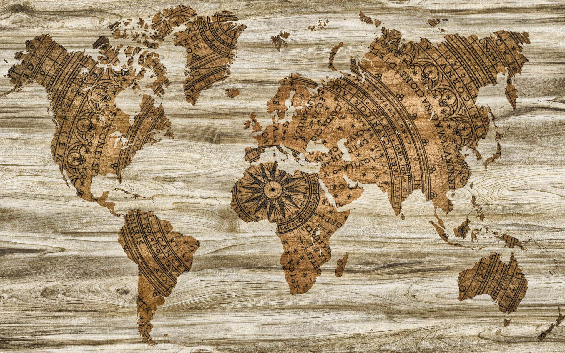 High Resolution World Map Compass On Wood Wallpaper