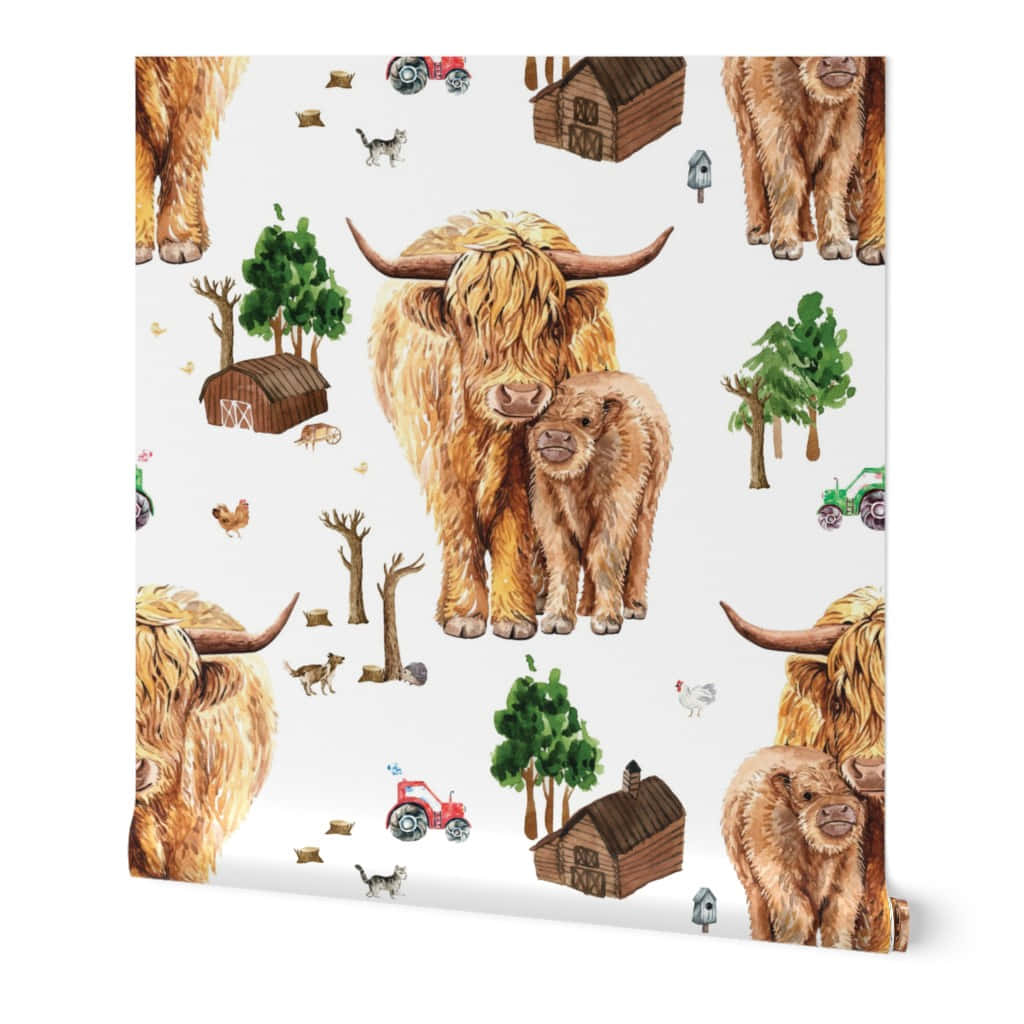 Highland Cowand Farm Pattern Wallpaper