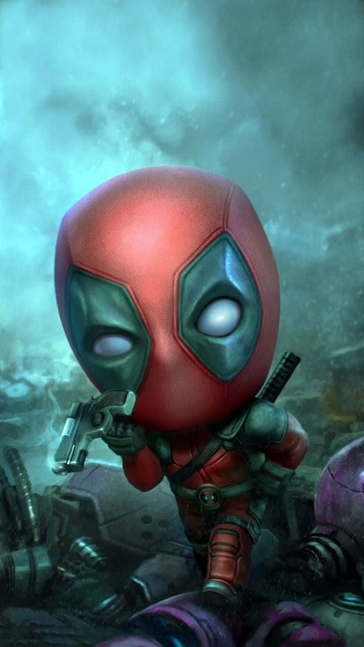 Hilarious Deadpool Cartoon In Action With Swords And Guns Wallpaper