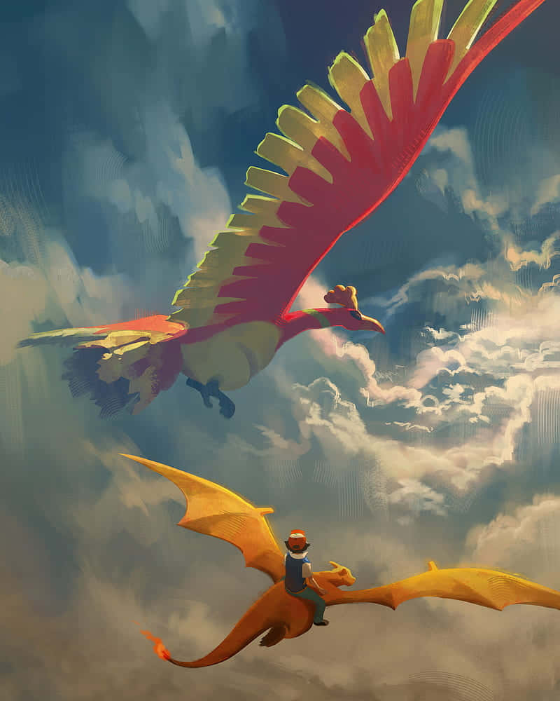 Ho-oh With Ash On Charizard Wallpaper