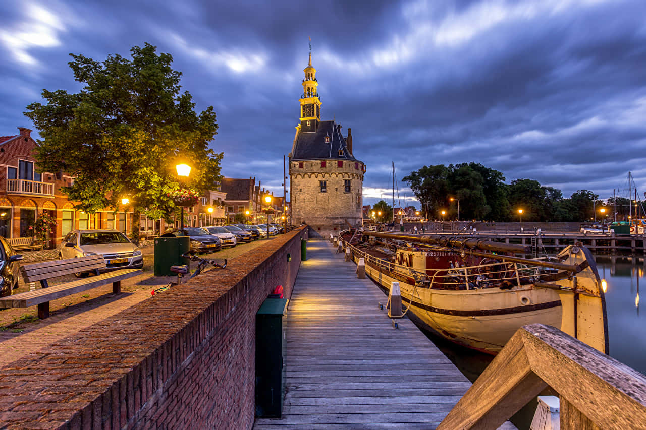 Hoorn Harbor Twilight Scene Wallpaper