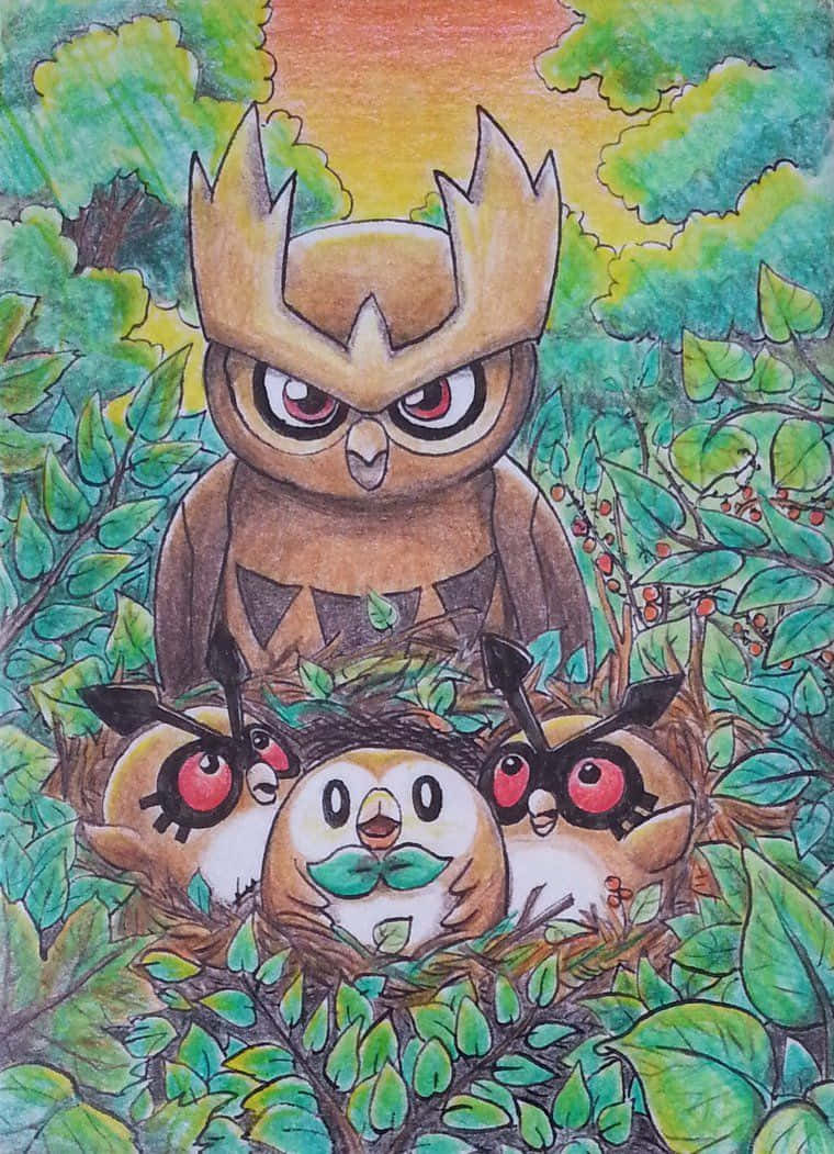 Hoothoot, Rowlet, And Noctowl Pokemon Wallpaper