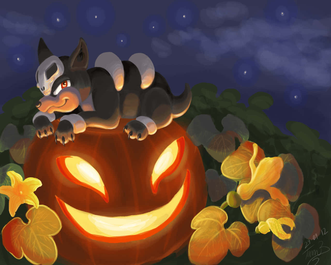 Houndour Resting On A Pumpkin Wallpaper