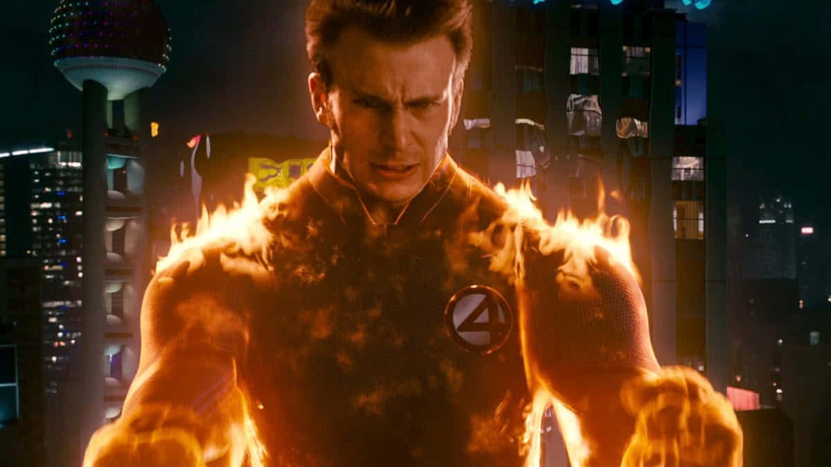 Human Torch Flame On Night City Backdrop Wallpaper