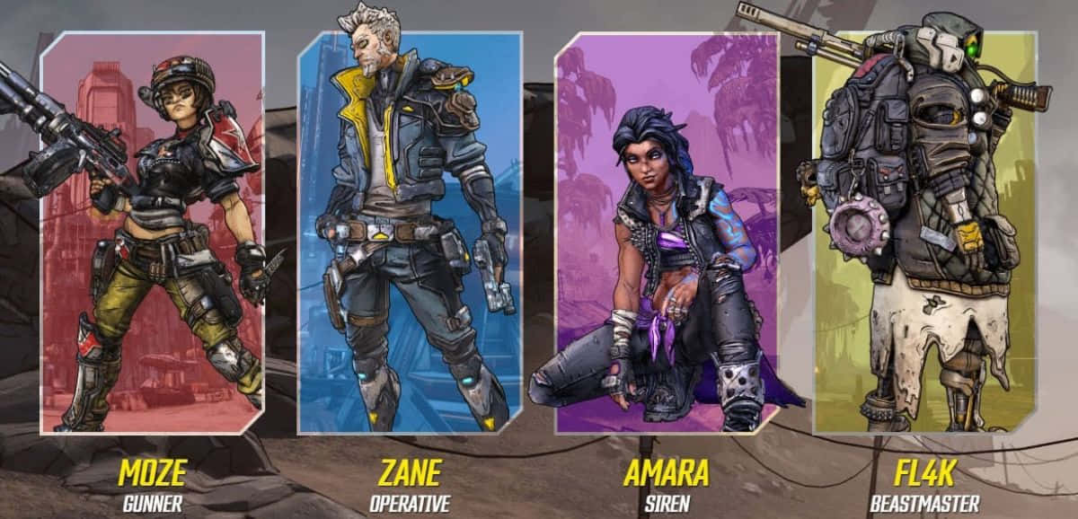 Iconic Borderlands Characters Posing Together Wallpaper