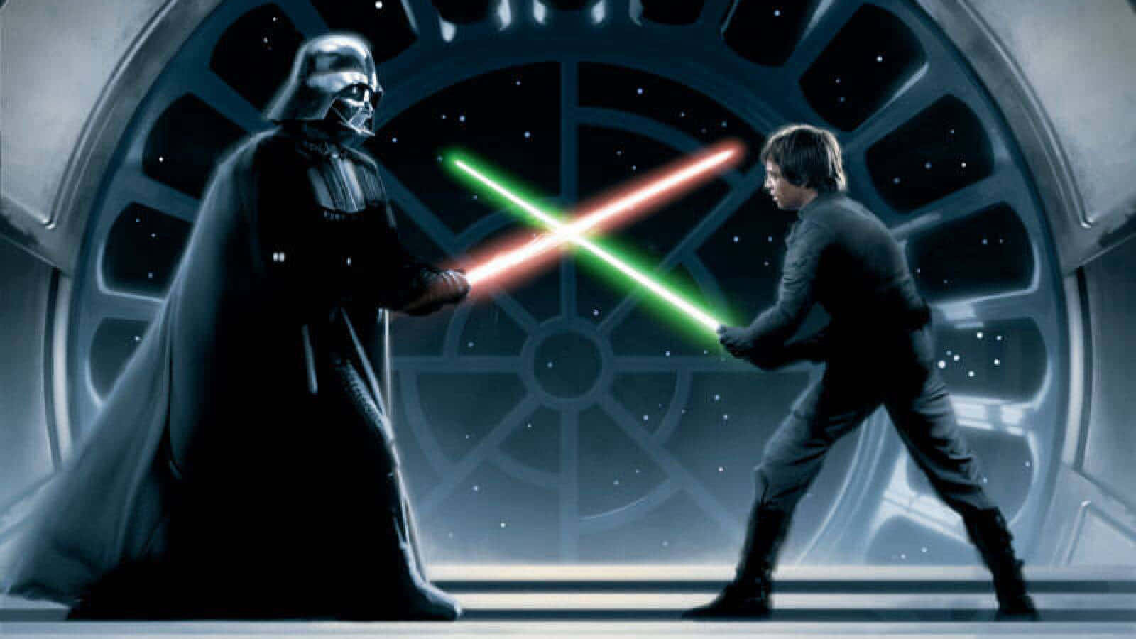 Iconic Scene In Return Of The Jedi With Luke Skywalker And Darth Vader Wallpaper