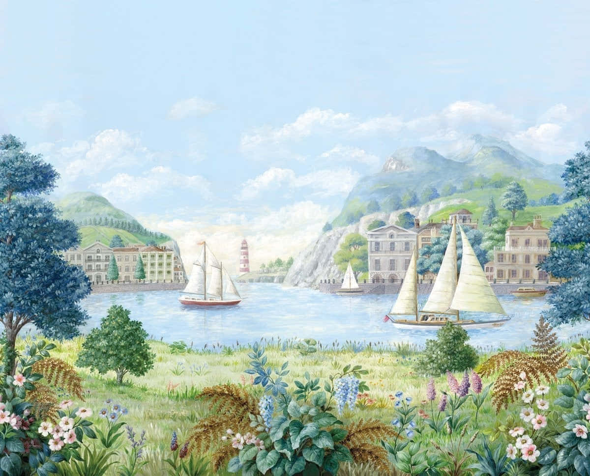 Idyllic Lakeside Town Mural Wallpaper