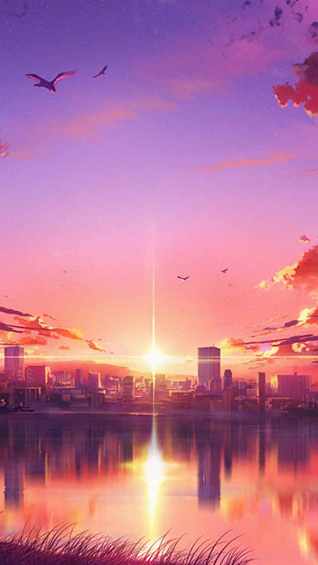 Image A Calming Sunset View Of A Cityscape In An Anime-inspired Universe. Wallpaper