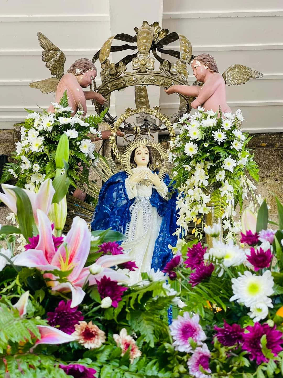 Immaculate Conception Statue Floral Display Wallpaper