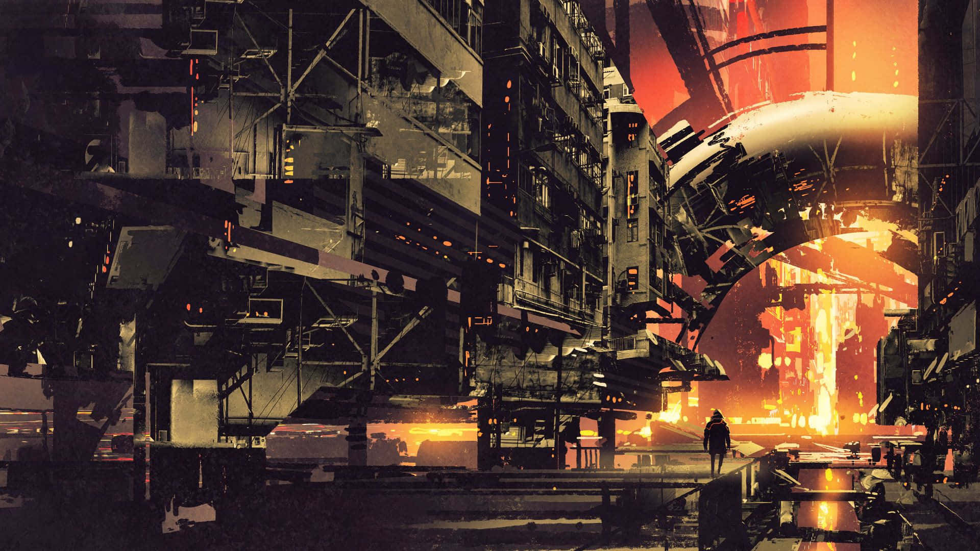 Industrious Man In A Cyberpunk City Wallpaper