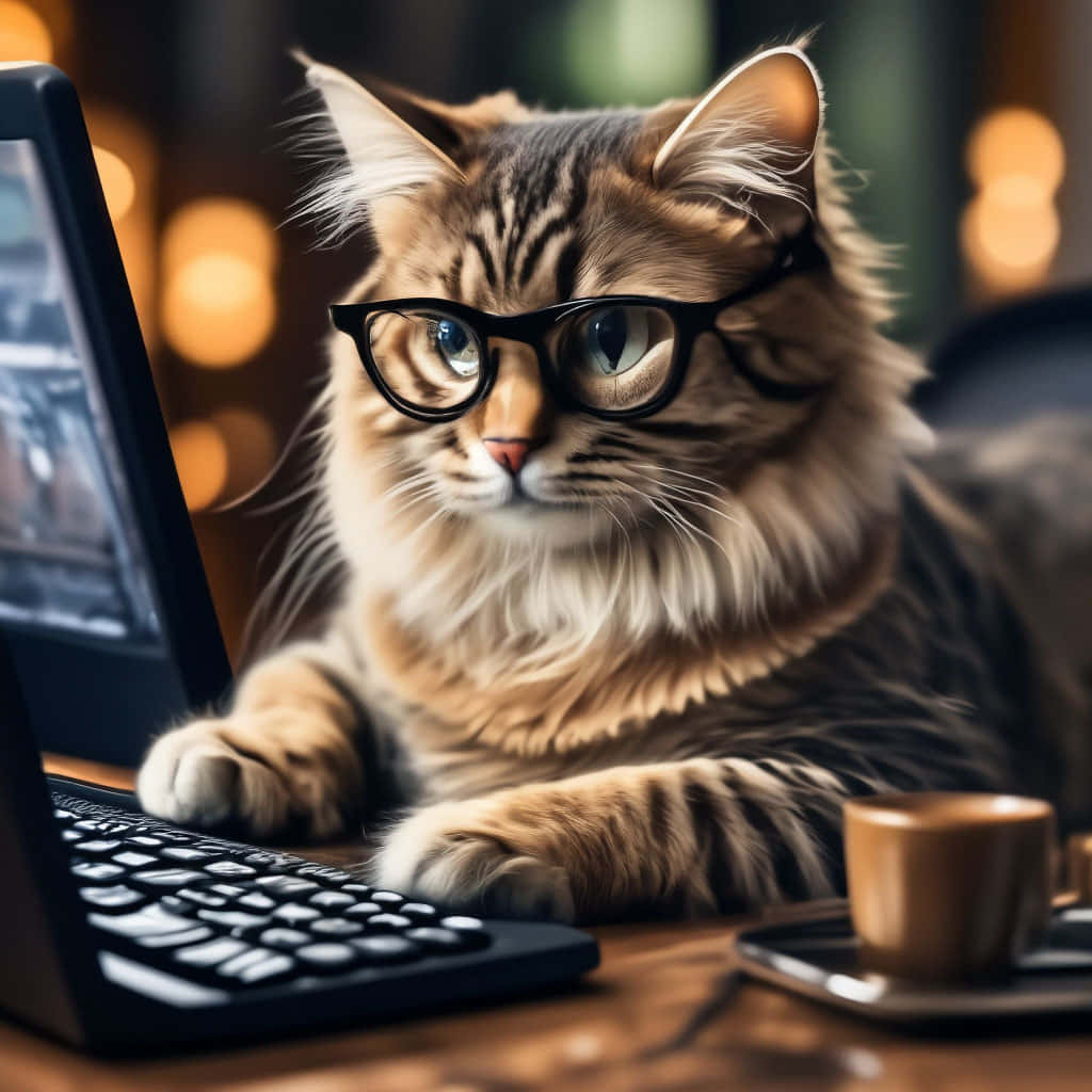 Intellectual Cat Workingon Laptop Wallpaper