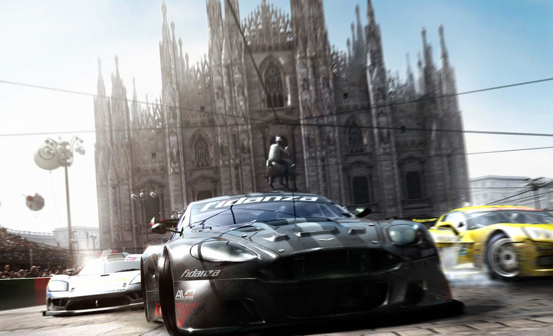 Intense Car Racing Action On Virtual Tracks Wallpaper