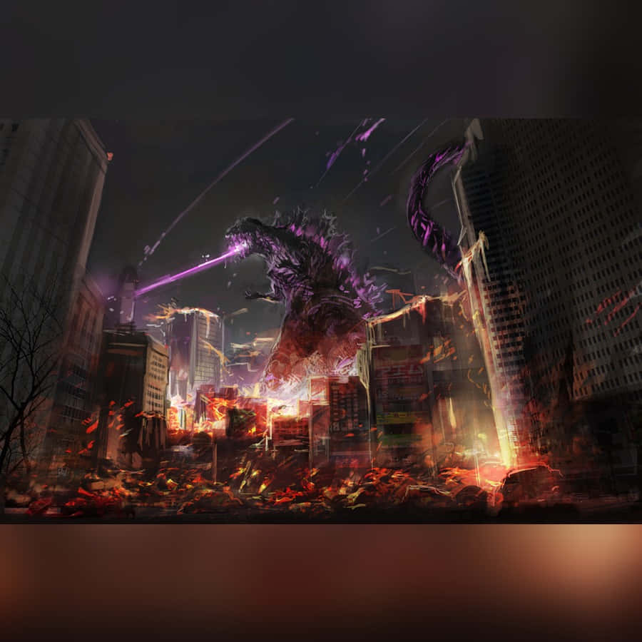 Intense Godzilla Destroying The City Scene Wallpaper