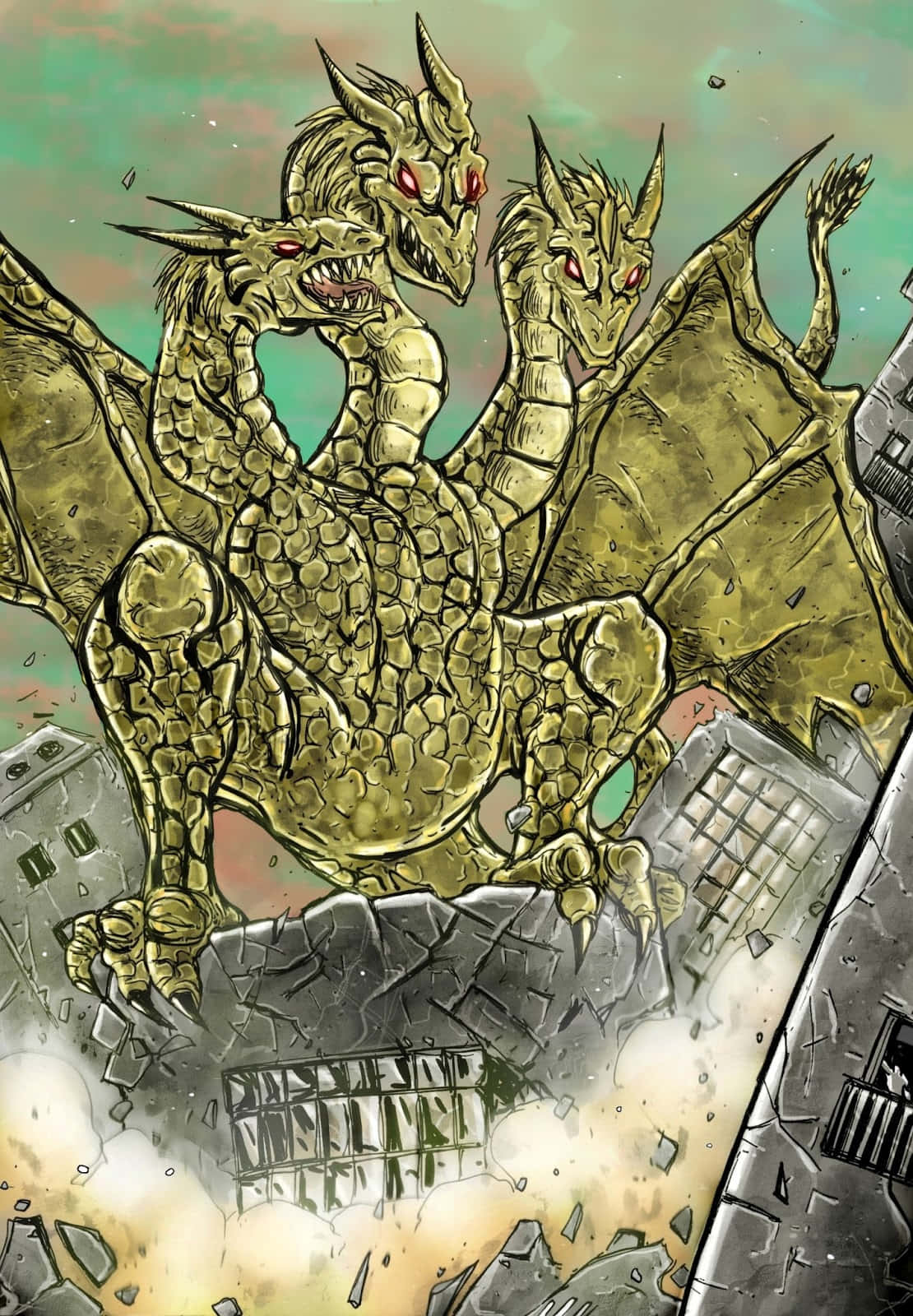 Intense King Ghidorah Emerges From Darkness Wallpaper