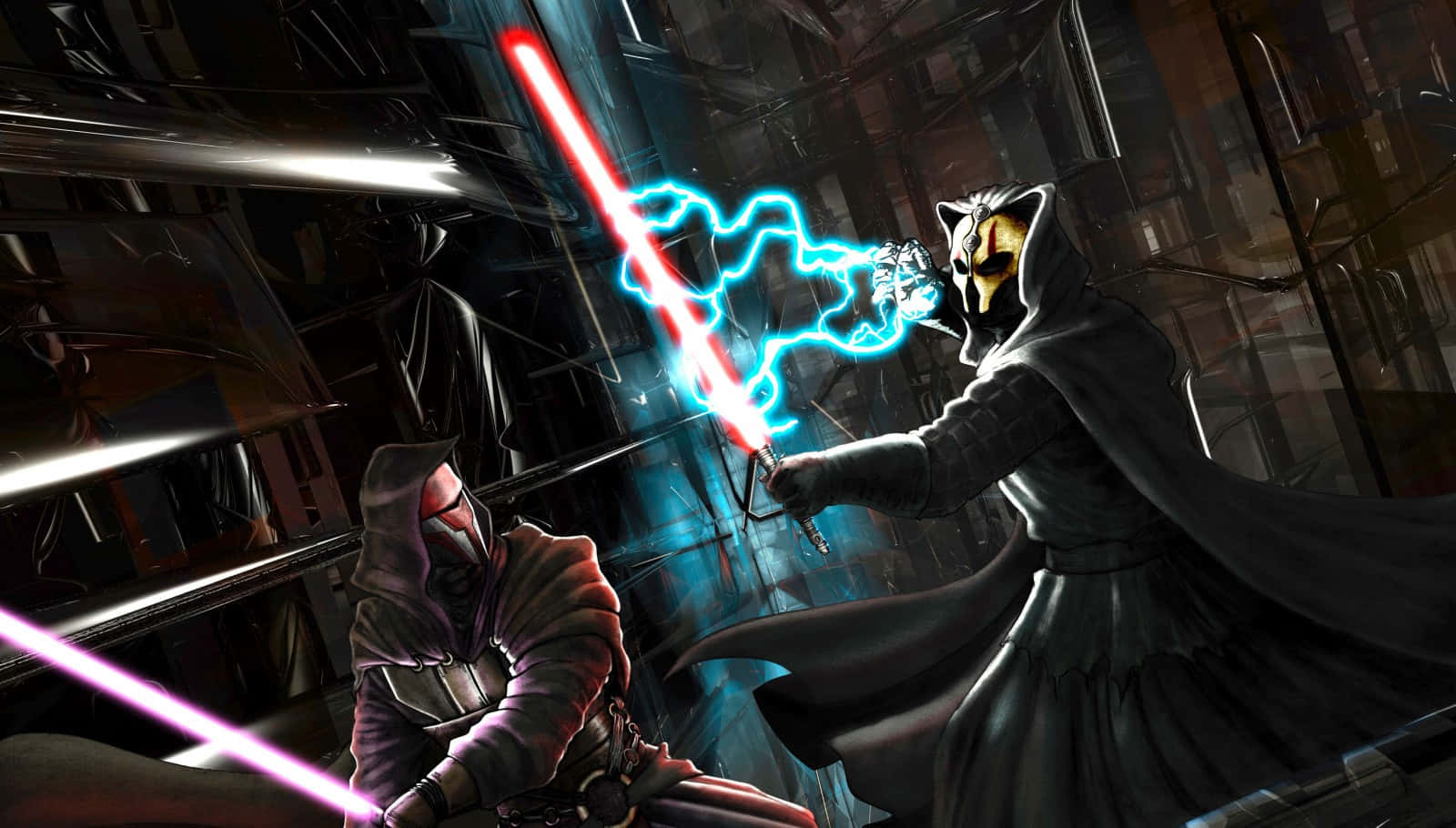 Intense Lightsaber Battle Between Epic Rivals Wallpaper