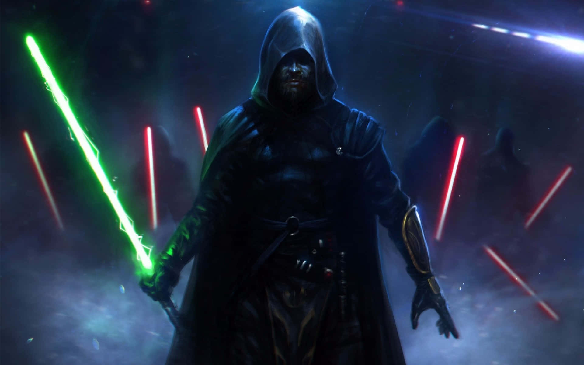 Intense Lightsaber Duel In An Epic Sci-fi Setting Wallpaper