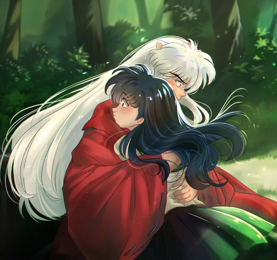 Inuyasha And Kagome Share A Heartfelt Moment Under A Tree Wallpaper