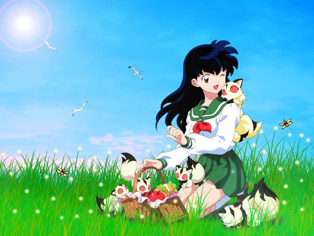 Inuyasha_ Kagome_and_ Kirara_ Sunny_ Meadow Wallpaper