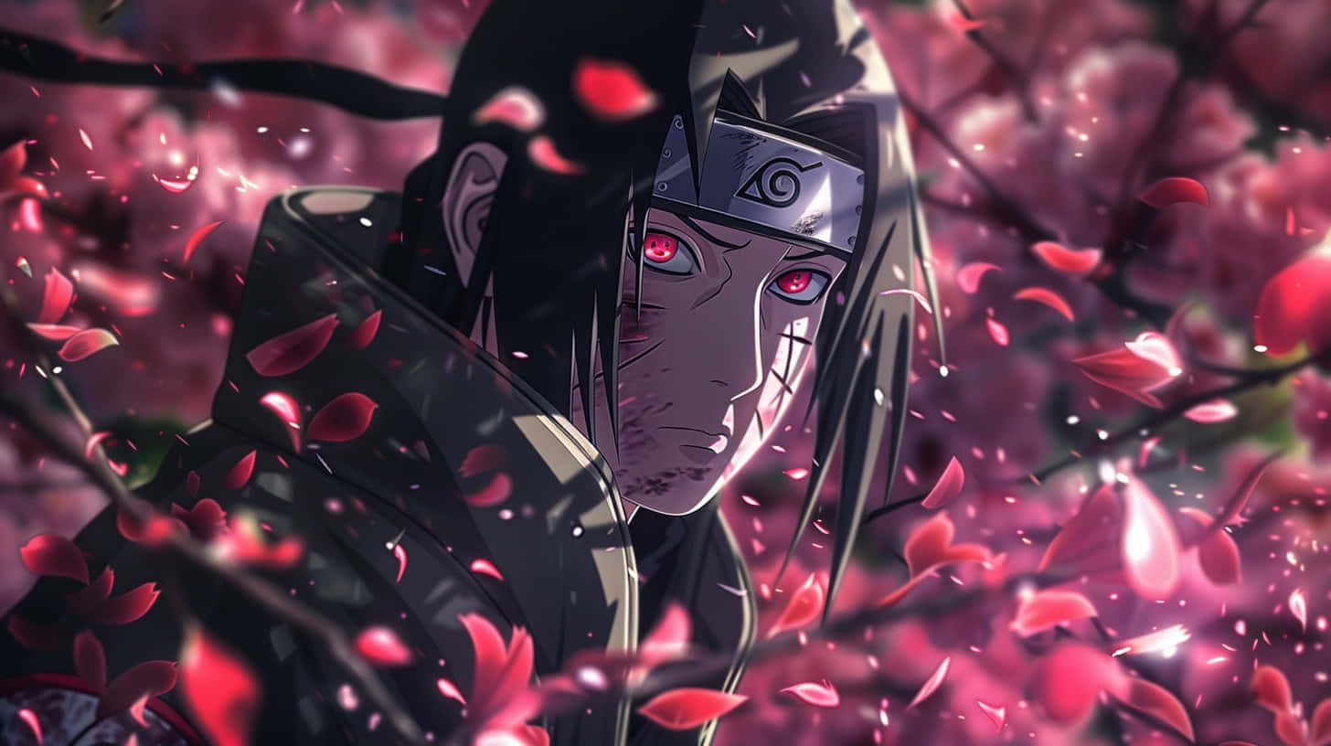 Itachi Uchiha Amidst Falling Petals Wallpaper