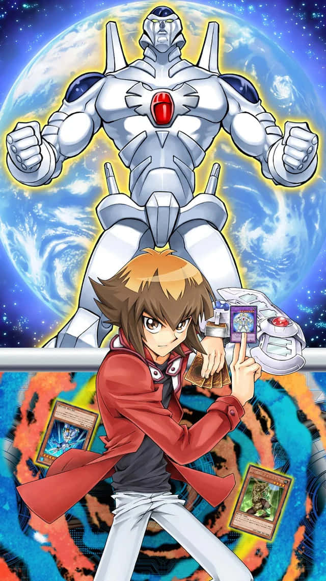 Jaden Yuki Posing With Elemental Hero Neos From Yu-gi-oh! Gx Wallpaper