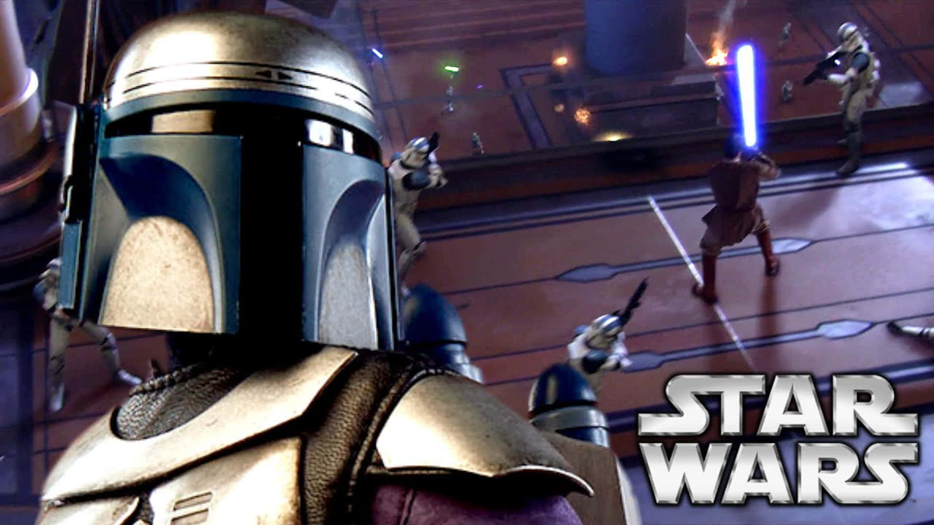 Jango Fett Standing Tall In Battle Armor Against An Explosive Intergalactic Background Wallpaper