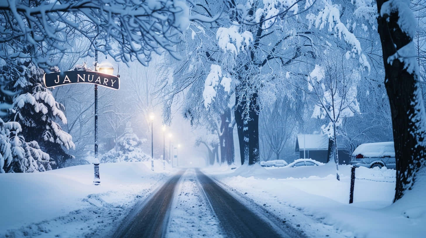 January Winter Night Street Scene Wallpaper