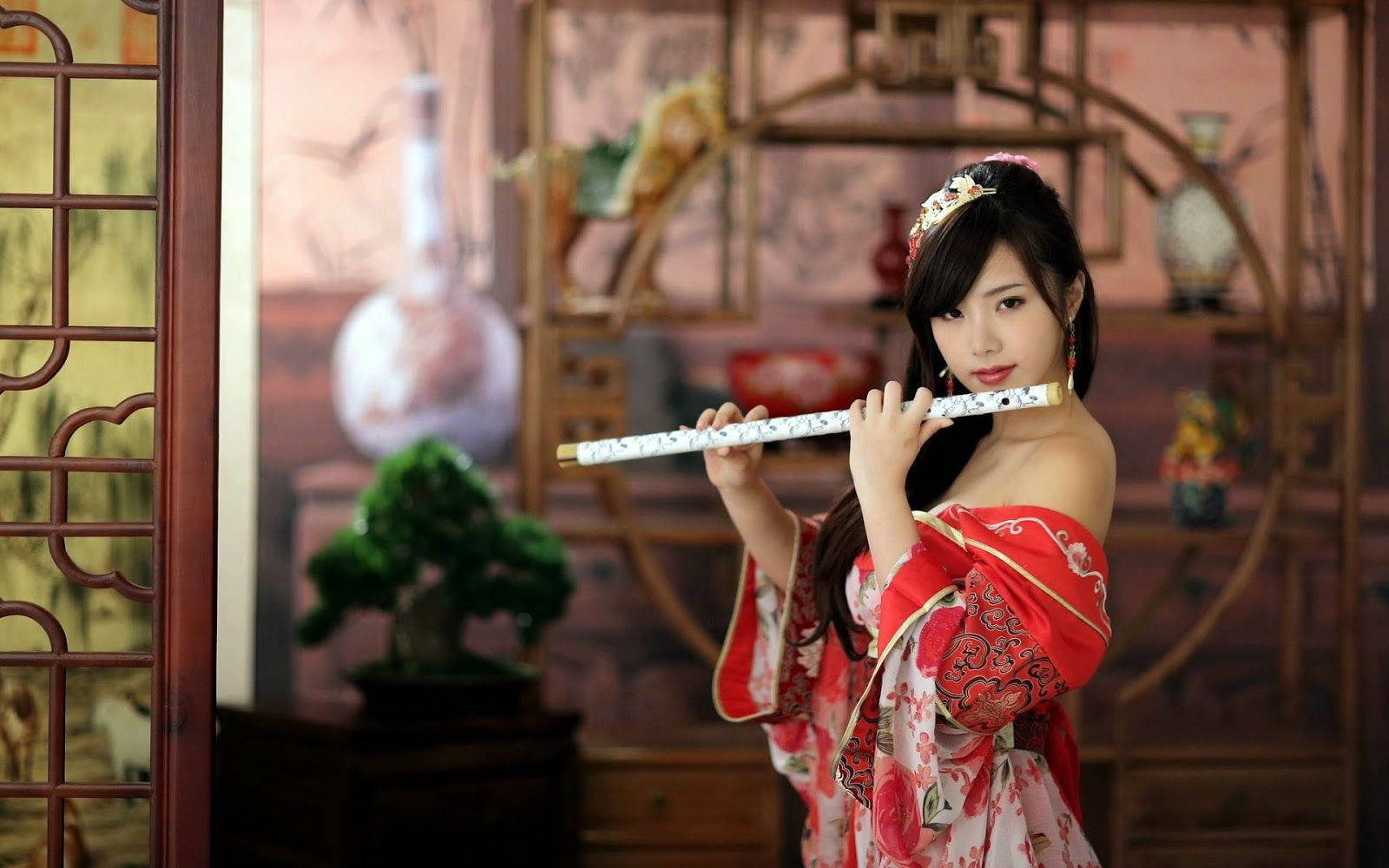 Japan Girl Red Kimono Traditional Flute Wallpaper