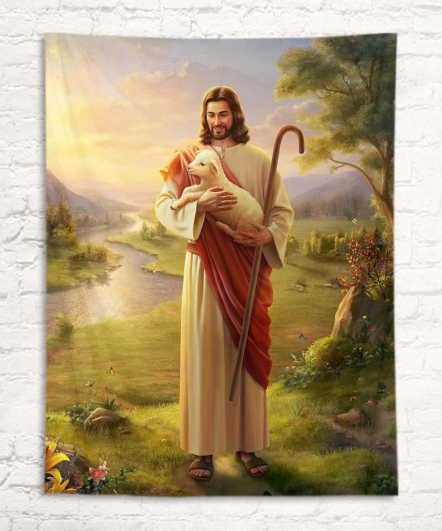 Jesus Christ Lovingly Holding His Sheep Wallpaper