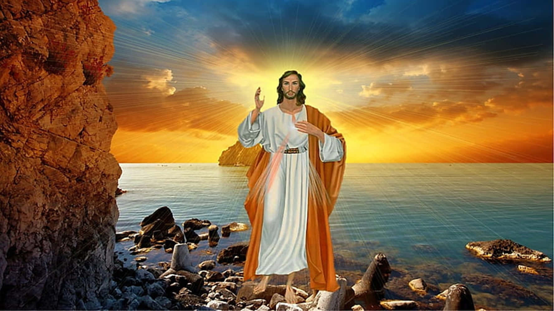 Jesus In Heaven Against Golden Sunset Wallpaper