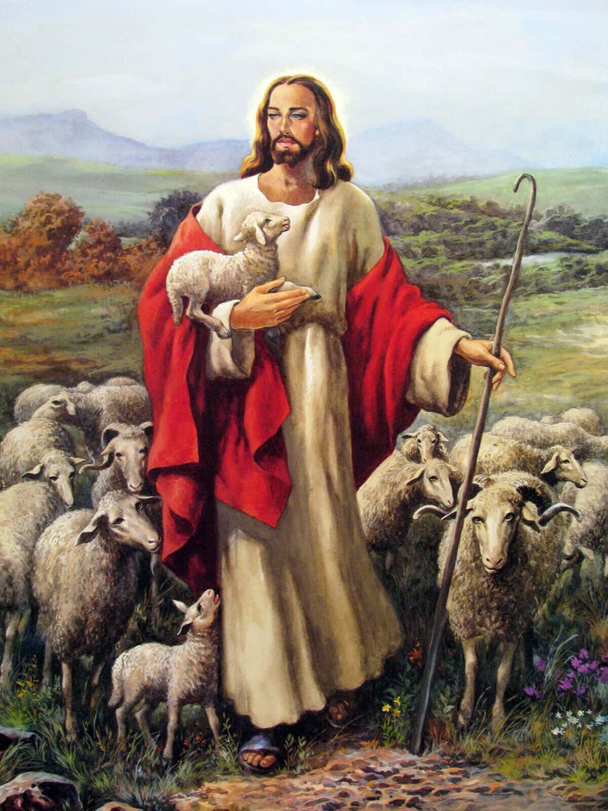 Jesus Tenderly Guiding His Flock Wallpaper