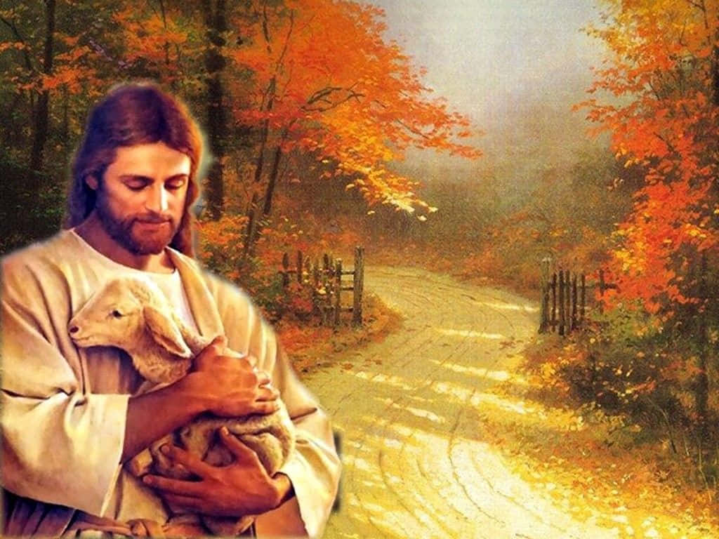 Jesus With Sheep In Serene Nature Wallpaper