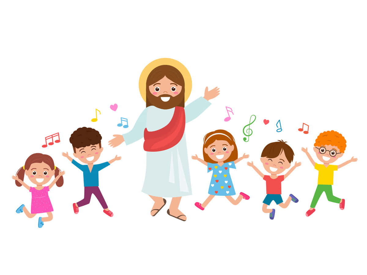 Jesusand Children Cartoon Sunday School Wallpaper