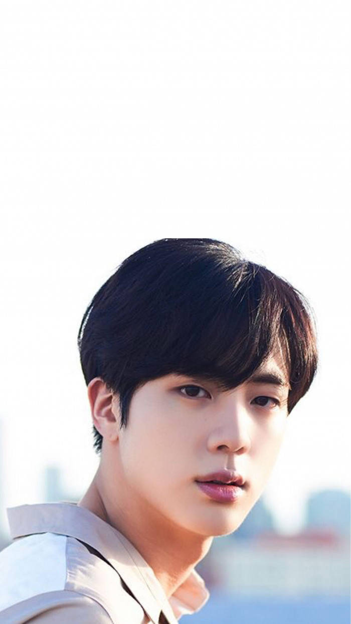 Jin Bts Cute Black Hair Looking At Camera Wallpaper